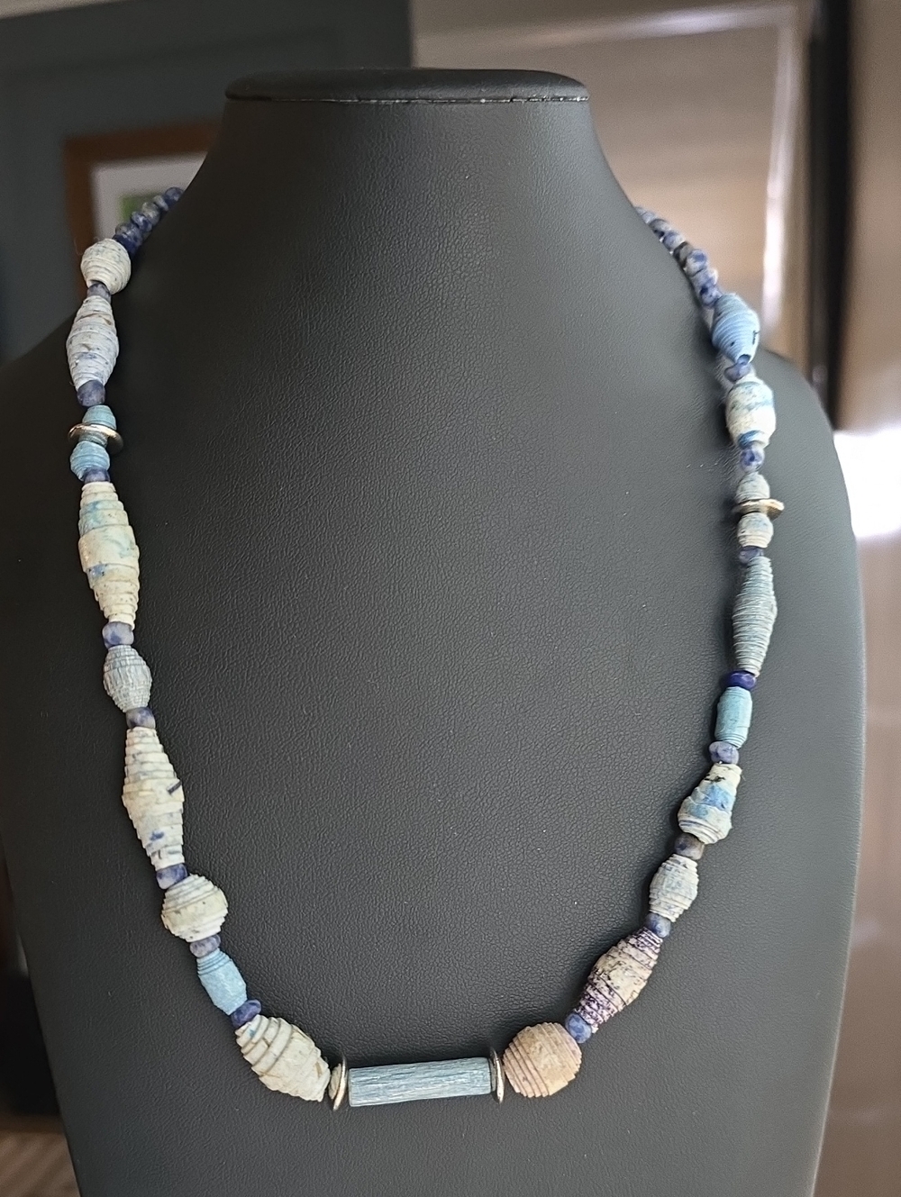 Handmade Blue Bead Paper Necklace - Lightweight Women's Jewelry